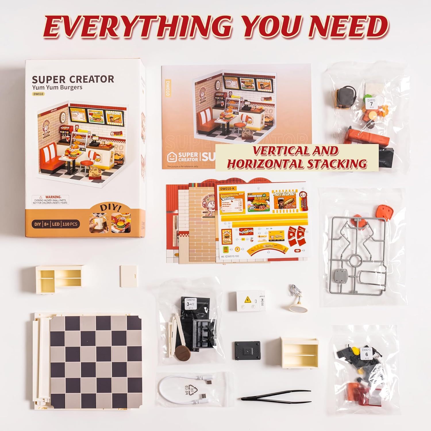 ROBOTIME DIY Miniature Dollhouse Kits Yum Burgers With LED Building Craft DW010 - Image 7