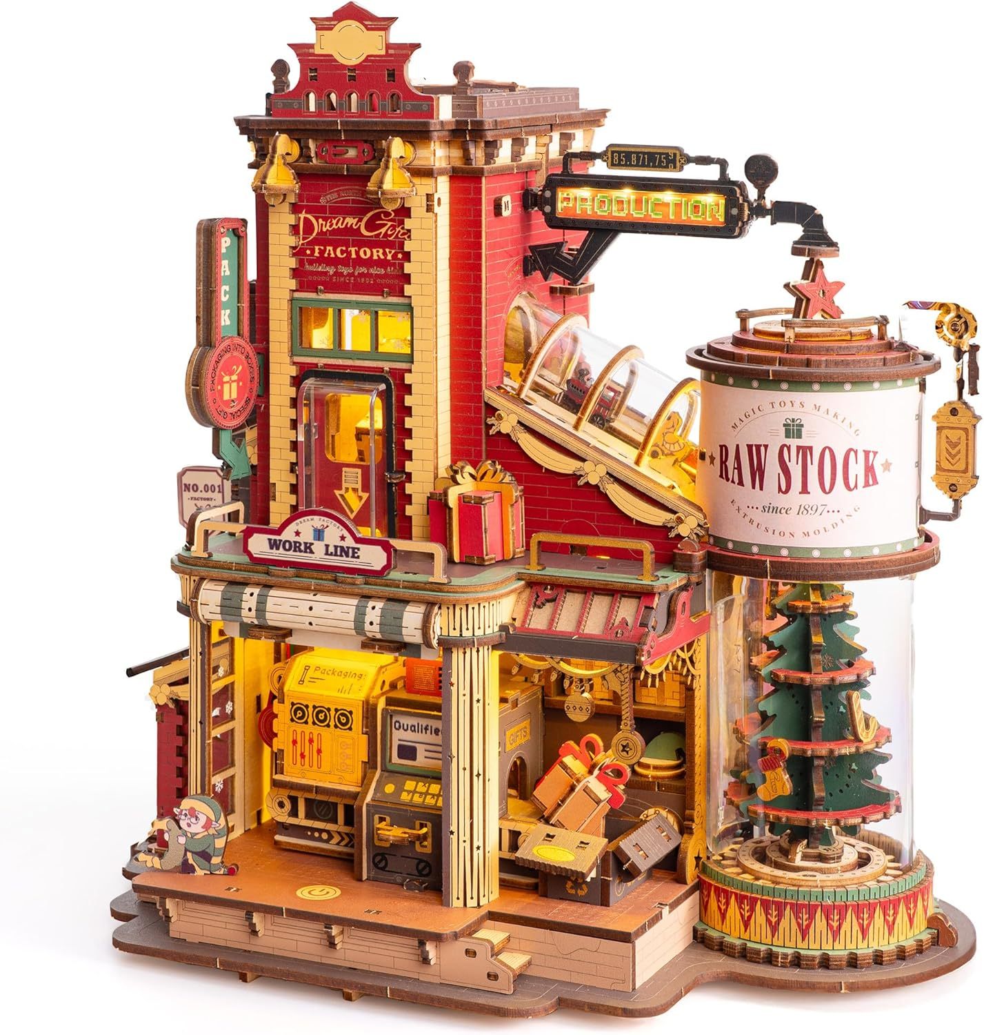 ROBOTIME Gift Factory 3D Puzzle Wooden Model Kits For Adults DIY Retro Vintage Toy Production Construction Craft Kit Luminous Factory With Music Lights And 5 Elves For Kids Teens Adults - Image 2
