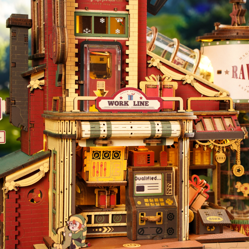 ROBOTIME Gift Factory 3D Puzzle Wooden Model Kits For Adults DIY Retro Vintage Toy Production Construction Craft Kit Luminous Factory With Music Lights And 5 Elves For Kids Teens Adults - Image 5