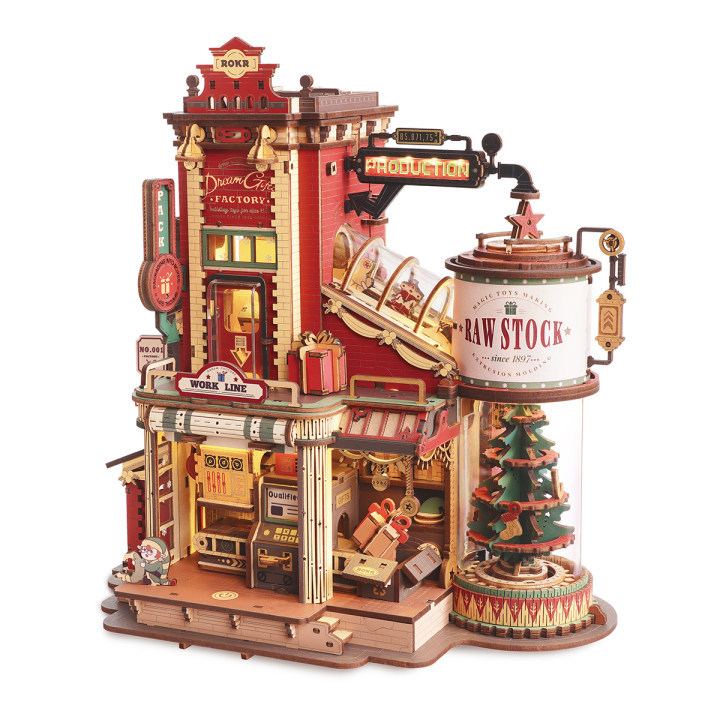 ROBOTIME Gift Factory 3D Puzzle Wooden Model Kits For Adults DIY Retro Vintage Toy Production Construction Craft Kit Luminous Factory With Music Lights And 5 Elves For Kids Teens Adults - Image 8