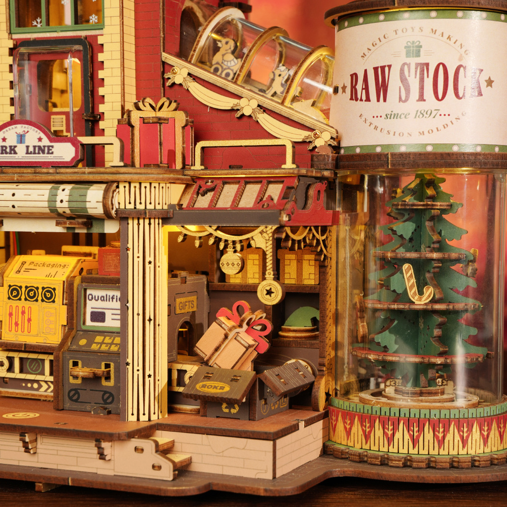 ROBOTIME Gift Factory 3D Puzzle Wooden Model Kits For Adults DIY Retro Vintage Toy Production Construction Craft Kit Luminous Factory With Music Lights And 5 Elves For Kids Teens Adults - Image 10